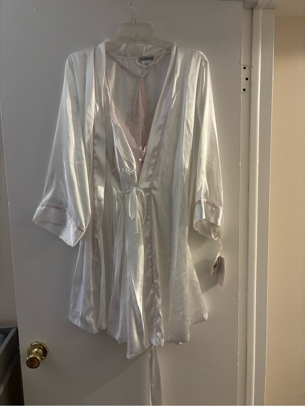 Macy's White Satin Robe with Pale Pink Lace Trim